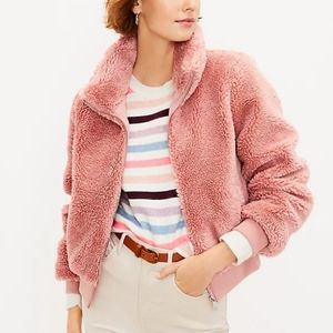 NWT LOFT Pink Sherpa Bomber Jacket Large Cropped Zip Front